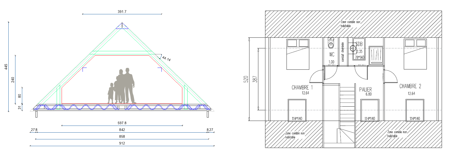 Coupe et plan d'un aménagement de combles